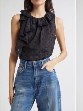 Ulla Johnson Black Ruffle-Sleeve Swiss Dot Blouse